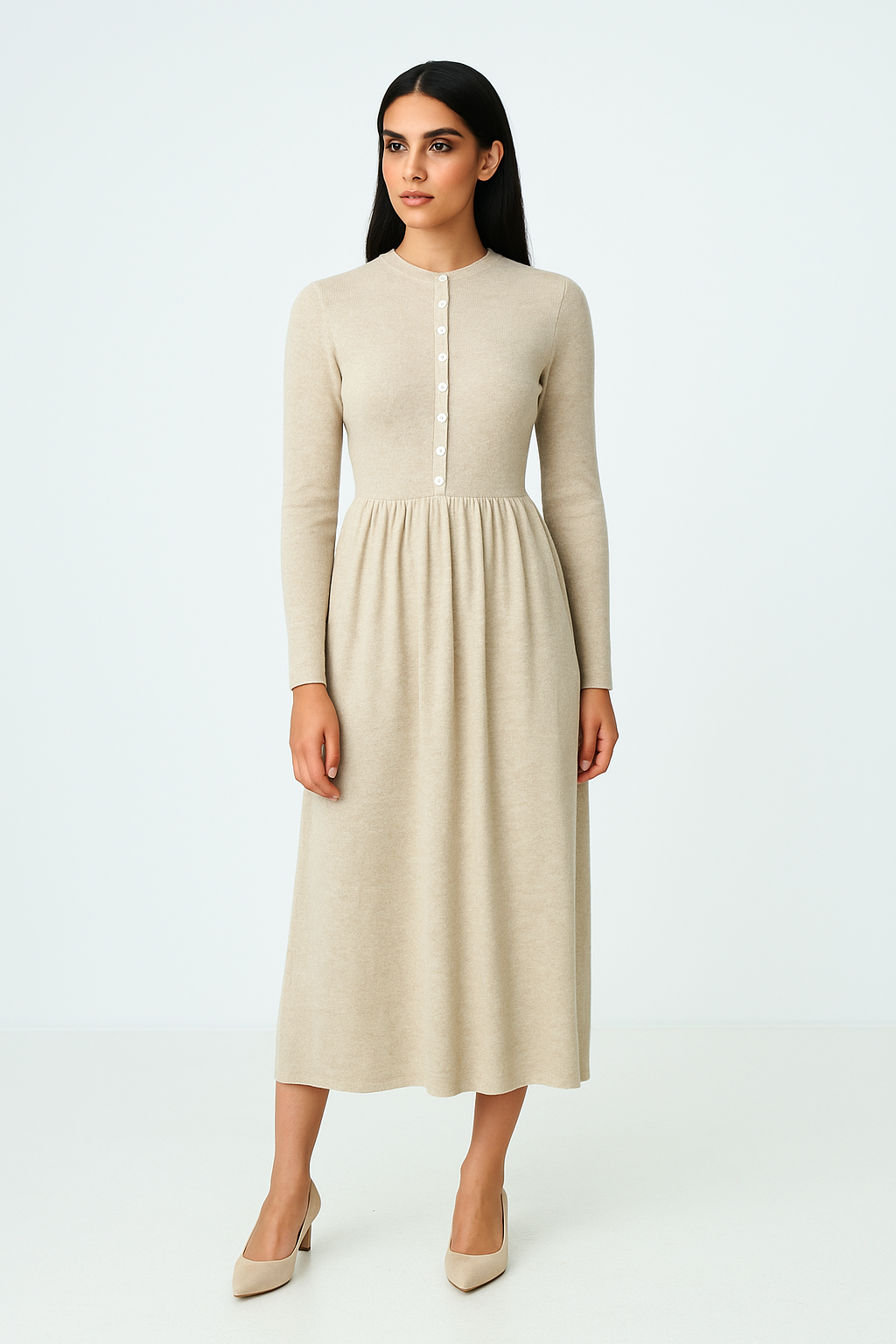 Long-Sleeve Button Detail Midi Dress