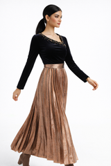 Two-Fabric Maxi Dress with Velvet Bodice and Pleated Skirt