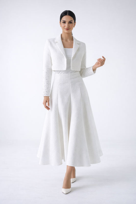 Elegant Textured Skirt Set with Cropped Jacket & Inner