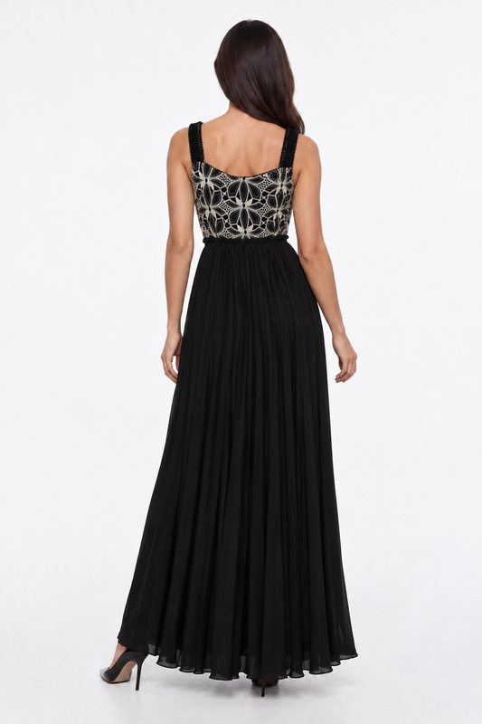 Floral Lace Bodice Pleated Maxi Dress