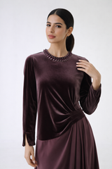 Two-Fabric Maxi Dress with Velvet Bodice, Pleated Waist Detail and Embellished Neckline