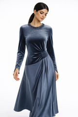 Two-Fabric Maxi Dress with Velvet Bodice, Pleated Waist Detail and Embellished Neckline