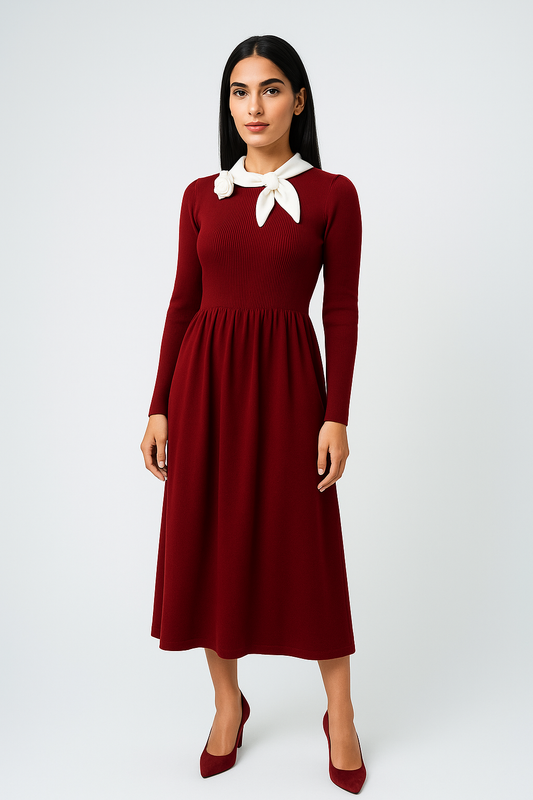 Elegant Contrast-Collar Midi Dress