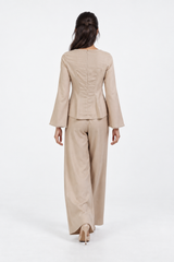Crystal-Trim Peplum Blouse with Flared Sleeves