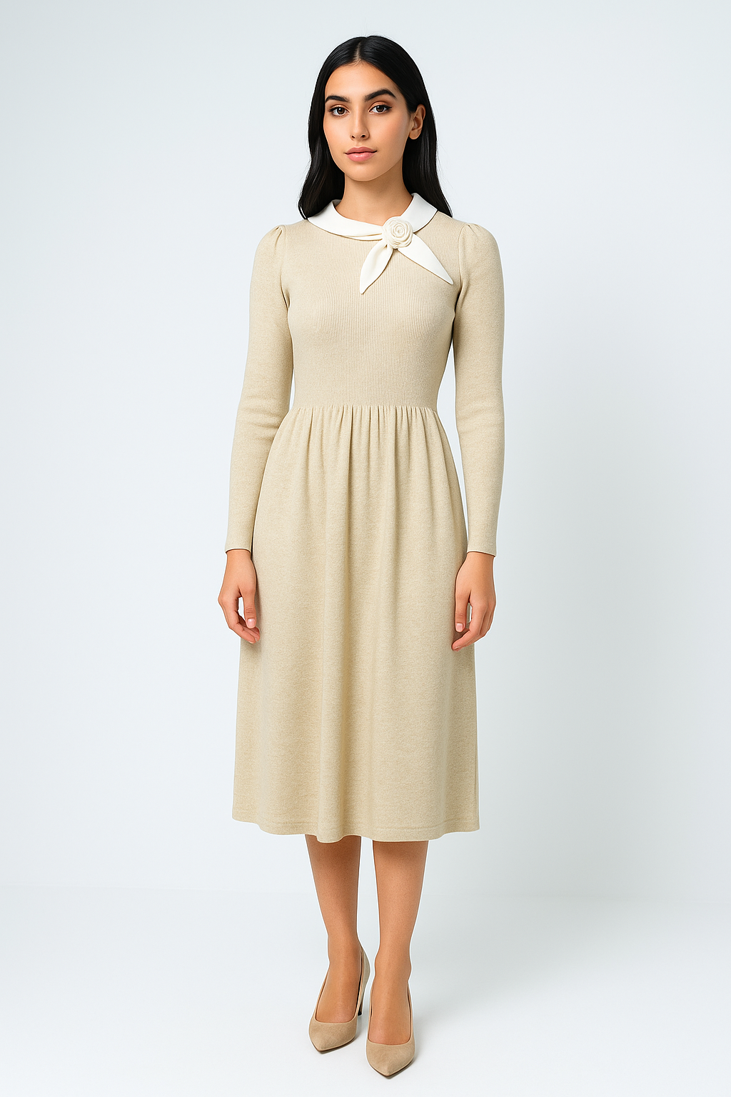 Elegant Contrast-Collar Midi Dress