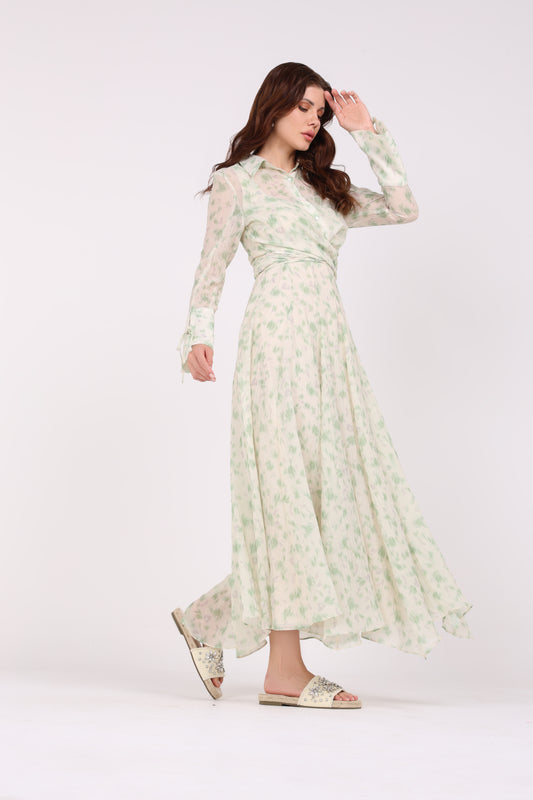 Floral Print Maxi Dress\ ناتسف يسكام رضخأ عوبطم ةوهزلاب