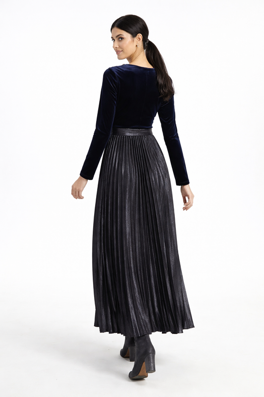 Two-Fabric Maxi Dress with Velvet Bodice and Pleated Skirt
