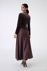 Two-Fabric Maxi Dress with Velvet Bodice, Pleated Waist Detail and Embellished Neckline