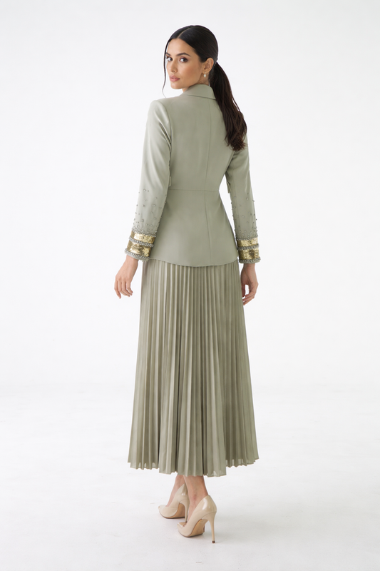 Pleated Maxi Dress with Embellished Blazer-Style Jacket Montania Shop Pleated Maxi Dress with Embellished Blazer-Style Jacket Montania Shop