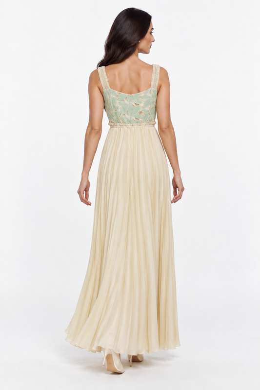 Floral Lace Bodice Pleated Maxi Dress
