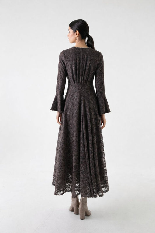 Embellished Lace Maxi Dress with Bell Cuffs