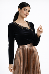 Two-Fabric Maxi Dress with Velvet Bodice and Pleated Skirt