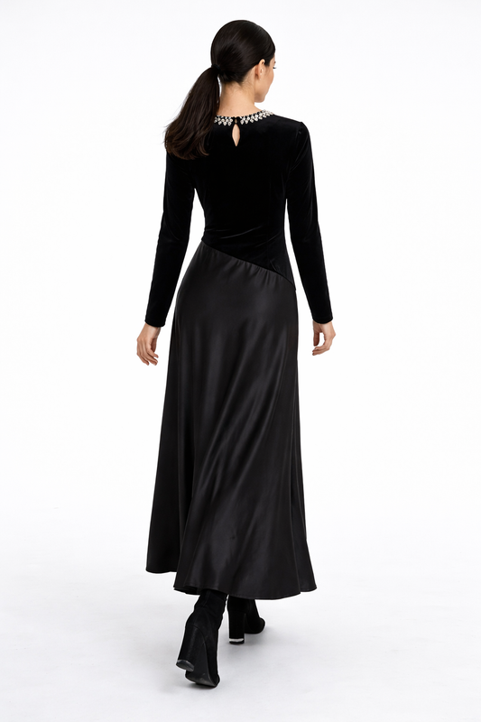 Two-Fabric Maxi Dress with Velvet Bodice, Pleated Waist Detail and Embellished Neckline