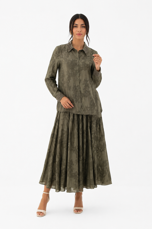 Floral Textured Gathered Midi Skirt