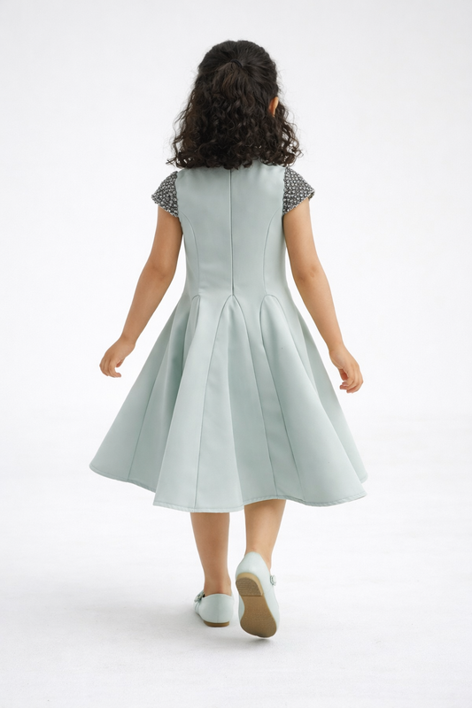 Elegant Girls Flared Dress with Embellished Cap Sleeves