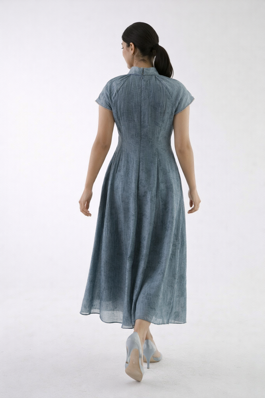 Elegant Gathered Neck Midi Dress with Crystal Trim
