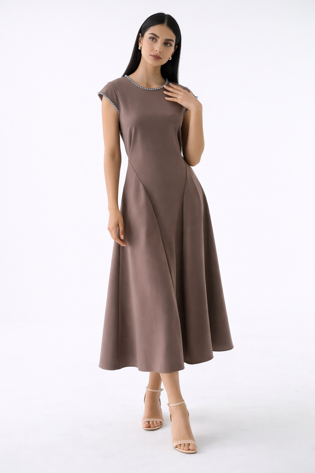 The Elara Embellished Trim Midi Dress