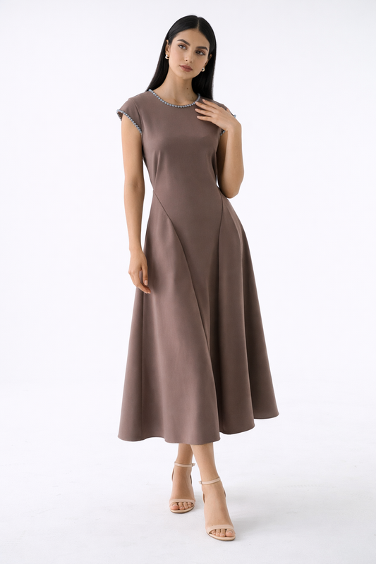 The Elara Embellished Trim Midi Dress