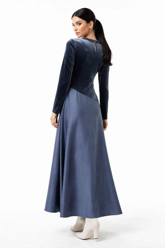 Two-Fabric Maxi Dress with Velvet Bodice, Pleated Waist Detail and Embellished Neckline