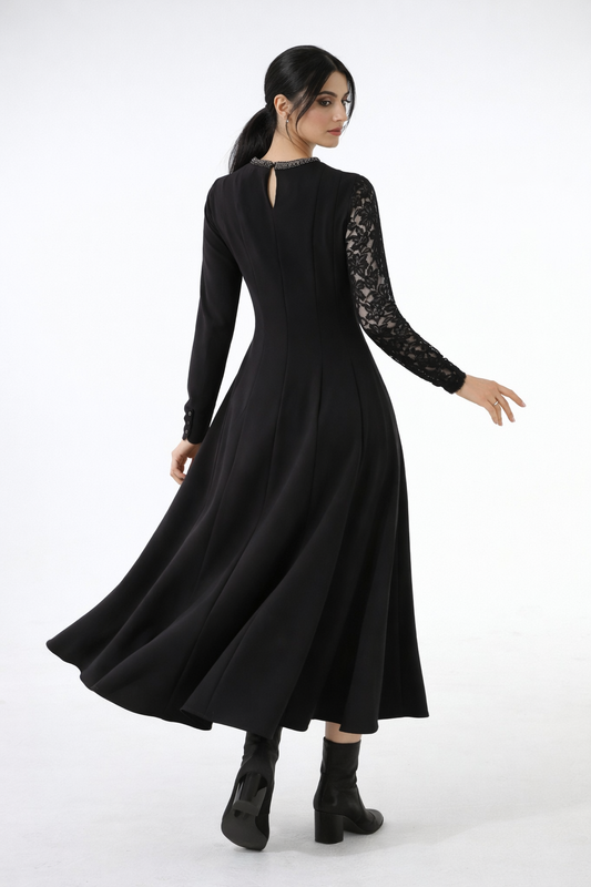 Embellished Lace-Sleeve Maxi Dress