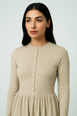 Long-Sleeve Button Detail Midi Dress