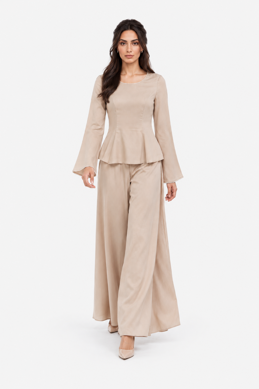 Crystal-Trim Peplum Blouse with Flared Sleeves