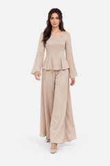 Crystal-Trim Peplum Blouse with Flared Sleeves