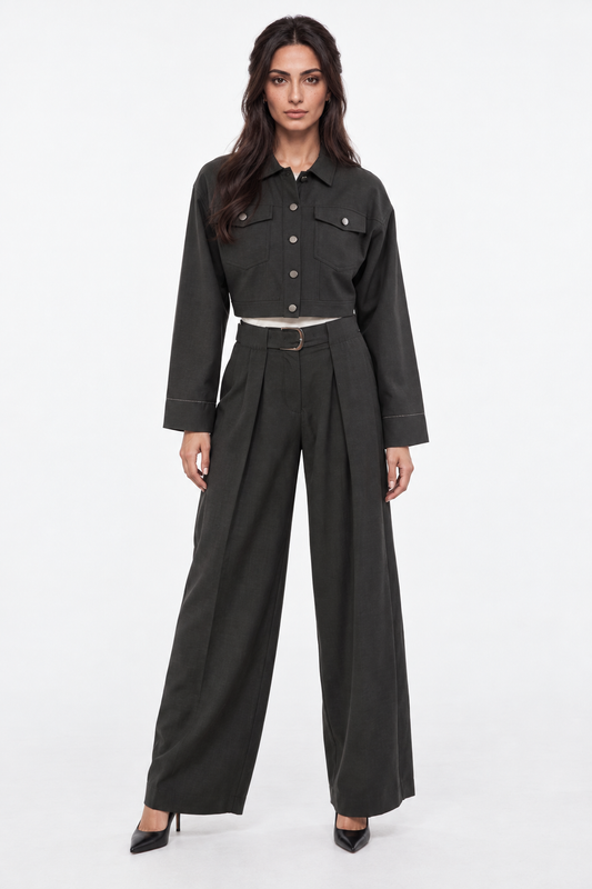 Pleated Wide-Leg Pants with Self-Fabric Belt