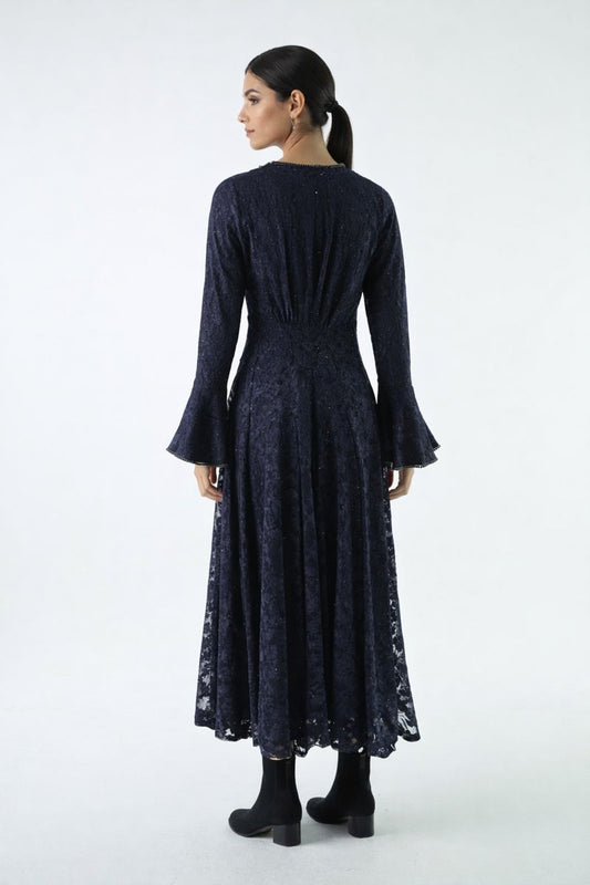 Embellished Lace Maxi Dress with Bell Cuffs