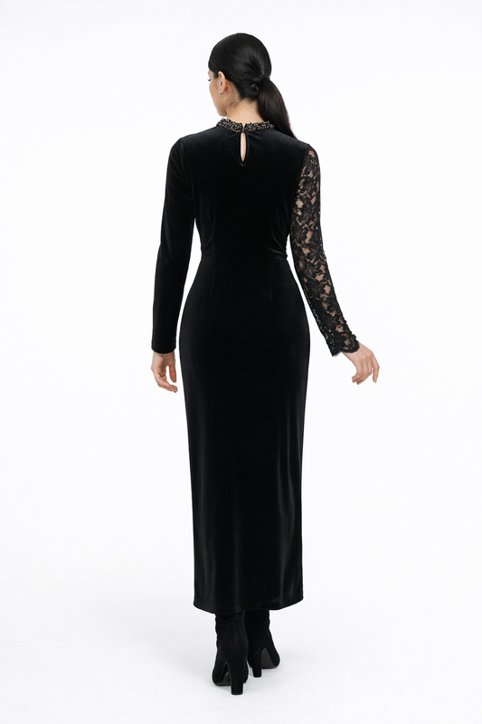 Velvet Maxi Dress with Lace Sleeve and Embellished Details