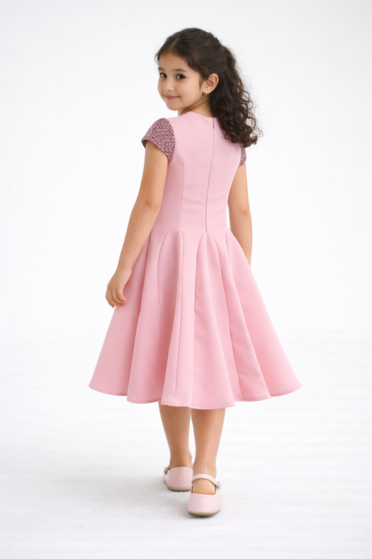 Elegant Girls Flared Dress with Embellished Cap Sleeves