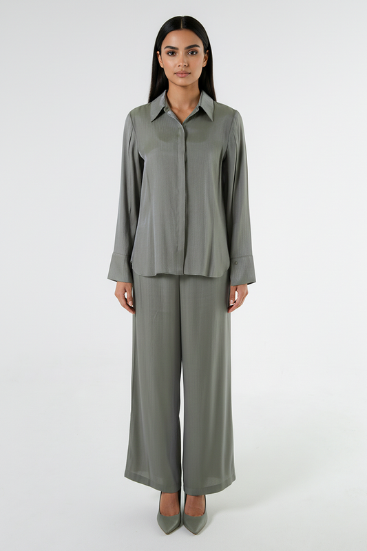Textured Long Sleeve Hi-Low Shirt with Self-Fabric Belt