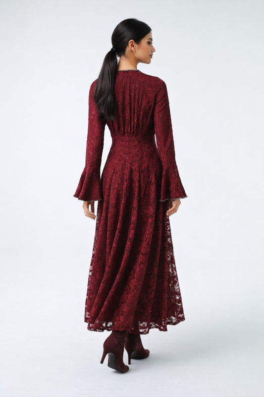 Embellished Lace Maxi Dress with Bell Cuffs