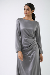 Draped Satin Maxi Dress with Handcrafted Embellished Cuffs