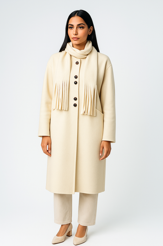 Women’s Long Coat with Matching Fringe Scarf