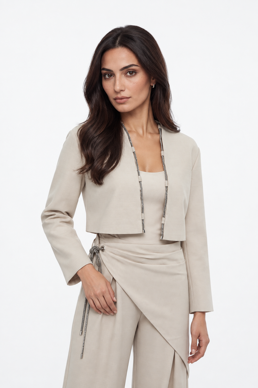 Metallic Trim Cropped Open-Front Jacket