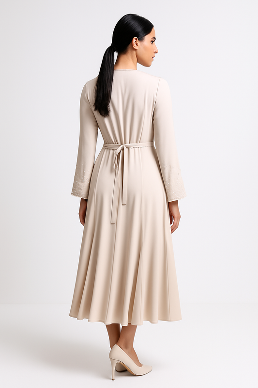 Elegant Wrap-Style Midi Dress with Bead-Embellished Sleeves