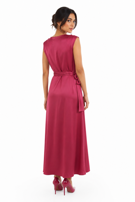 Satin Wrap-Effect Dress with Side Tie