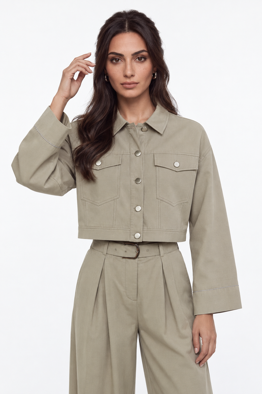 Cropped Utility Jacket with Metallic Button Details
