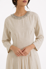 Embellished Neckline Printed Panel Dress with Chiffon Flare