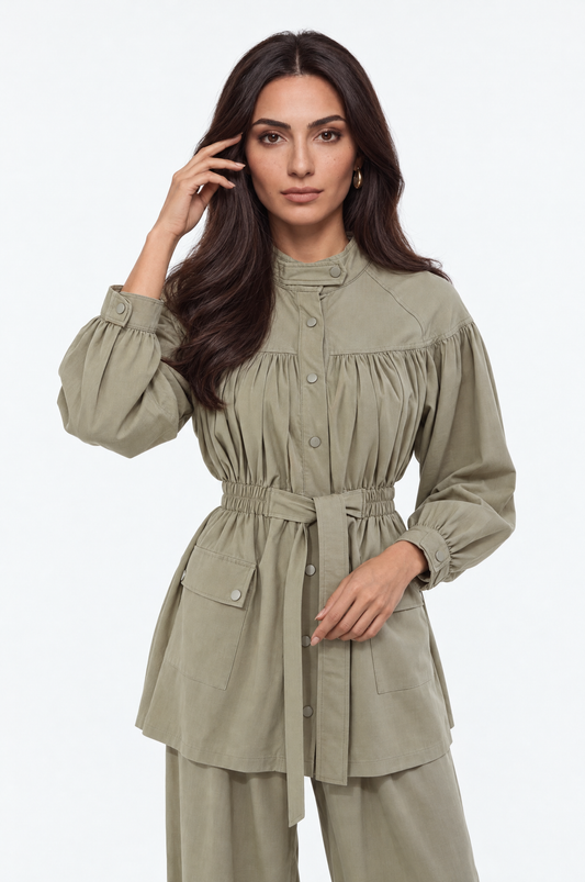 Chic Gathered Belted Utility Jacket
