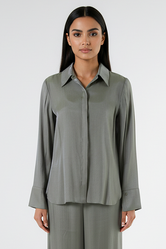 Textured Long Sleeve Hi-Low Shirt with Self-Fabric Belt