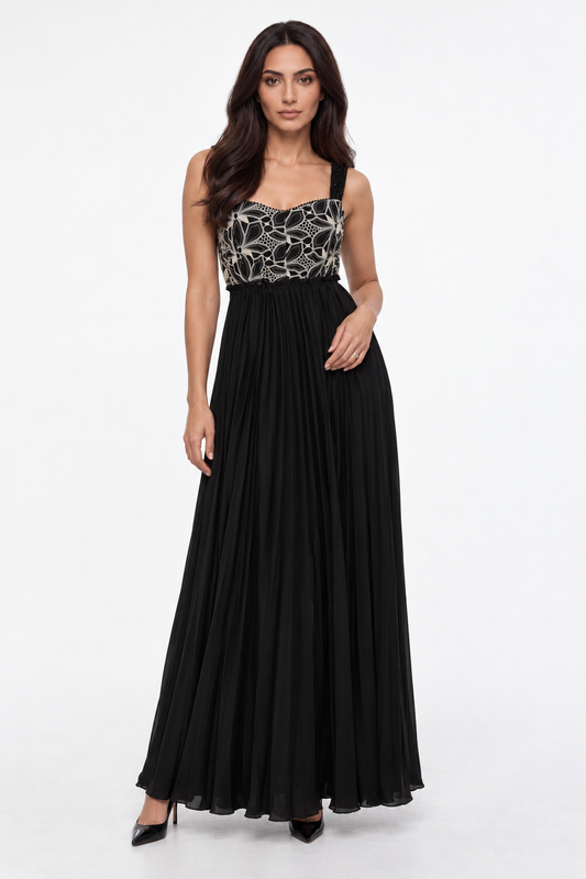 Floral Lace Bodice Pleated Maxi Dress