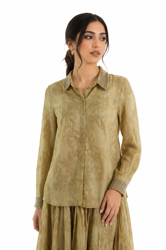 Embellished Collar Floral Textured Shirt