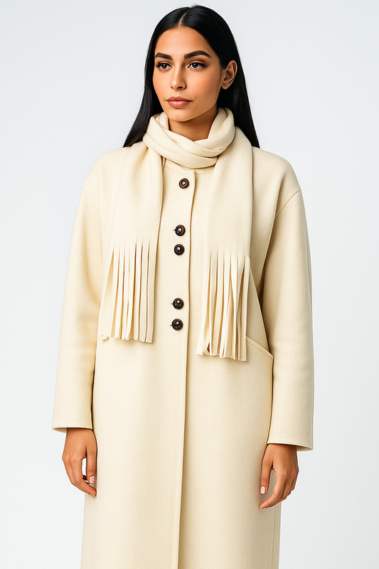 Women’s Long Coat with Matching Fringe Scarf