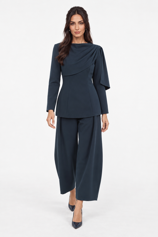 Metallic Ball-Chain Trim Pleated Wide-Leg Pants