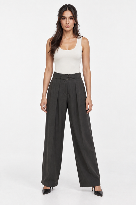 Pleated Wide-Leg Pants with Self-Fabric Belt