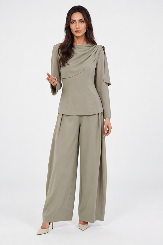 Metallic Ball-Chain Trim Pleated Wide-Leg Pants