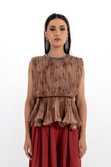 Pleated Peplum Sleeveless Top with Embellished Neckline