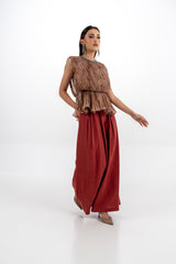 Pleated Peplum Sleeveless Top with Embellished Neckline
